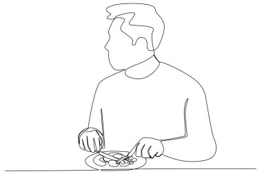 Bir adam bir elma ve bir bardak suyla kahvaltı yaptı. Kahvaltı tek satırlık çizim