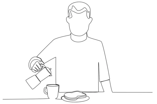 Мужчина Завтракал Яблоком Стаканом Воды Рисунок Одну Строку — стоковый вектор