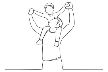 Bir baba oğlunu omuzunda taşır. Babalar Günü çizimleri.