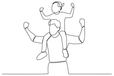 Bir baba oğlunu omuzunda taşır. Babalar Günü çizimleri.