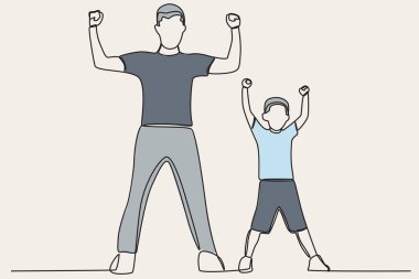 Bir baba oğlunu omuzunda taşır. Babalar Günü çizimleri.