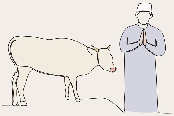 Chico Trajo Cordero Para Sacrificio Dibujo Una Línea Eid Adha — Archivo Imágenes Vectoriales