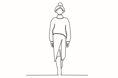 Sahnede bir manken. Moda gösterisi tek satırlık çizim