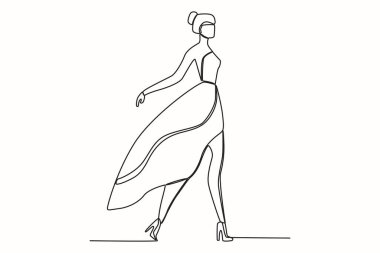 Sahnede bir manken. Moda gösterisi tek satırlık çizim