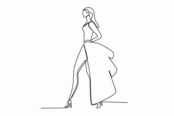 Fashion Style Model Stage Fashion Show One Line Drawing — Stock Vector