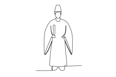 Ahşap bir asa tutan bir keşiş. Monk tek satırlık çizim