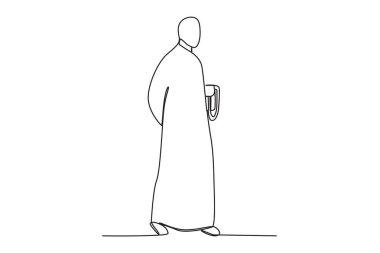 Ahşap bir asa tutan bir keşiş. Monk tek satırlık çizim