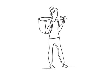 Tırmık tutan bir çiftçi. Çiftçi tek çizgili çizim