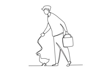 Tırmık tutan bir çiftçi. Çiftçi tek çizgili çizim