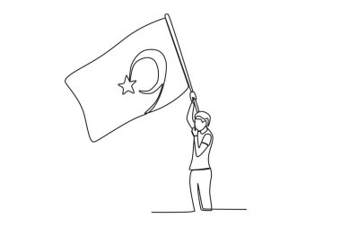 Türk bayrağı taşıyan bir adam. 15 Temmuz tek satırlık çizim