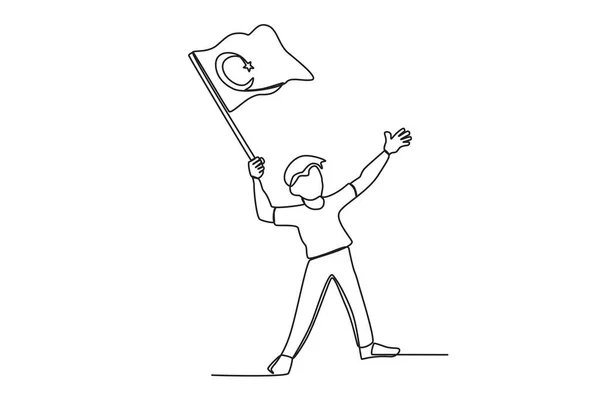 Türk Bayrağı Taşıyan Bir Adam Temmuz Tek Satırlık Çizim — Stok Vektör