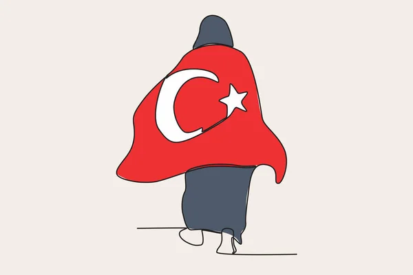 一个拿着土耳其国旗的人15次Temmuz单线制图 — 图库矢量图片