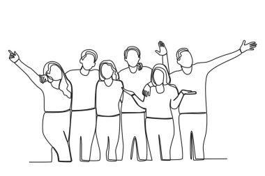 Üç arkadaş sarılıyor. Arkadaşlık Günü tek satırlık çizim