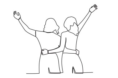 Üç arkadaş sarılıyor. Arkadaşlık Günü tek satırlık çizim