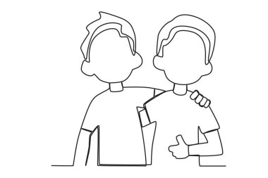 Üç arkadaş sarılıyor. Arkadaşlık Günü tek satırlık çizim