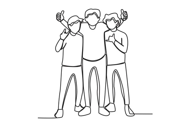 Tres Amigos Abrazándose Día Amistad Dibujo Una Línea — Archivo Imágenes Vectoriales