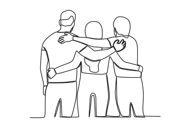 Drei Freunde Umarmen Sich Einzeilige Zeichnung Zum Tag Der Freundschaft — Stockvektor