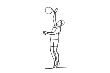 Bir adam voleybol topu almak için zıplıyor. Plaj voleybolu tek çizgi çizimi