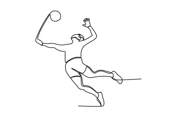 Mężczyzna Skacze Aby Otrzymać Piłkę Siatkową Siatkówka Plażowa Jednoliniowy Rysunek — Wektor stockowy