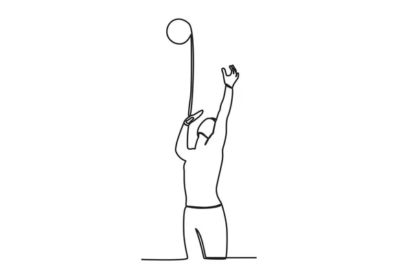 Hombre Salta Para Recibir Voleibol Voleibol Playa Dibujo Una Línea — Vector de stock