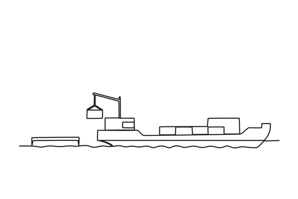 Barco Recibe Mercancías Puerto Actividades Portuarias Dibujo Una Línea — Archivo Imágenes Vectoriales