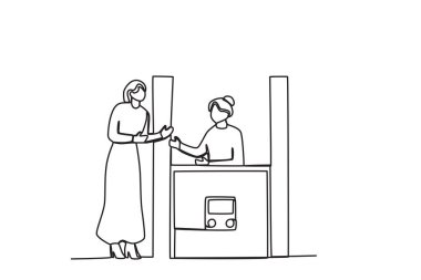 Tren istasyonunda duran bir kadın. Tren istasyonu faaliyetleri tek satırlık çizim