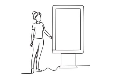 Tren istasyonunda duran bir kadın. Tren istasyonu faaliyetleri tek satırlık çizim