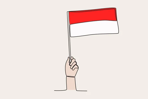 Egy Kéz Felemelte Indonéz Zászlót Lobogó Szerinti Egyvonalas Rajz — Stock Vector