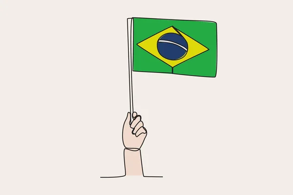Una Mano Izó Bandera Brasil Bandera Dibujo Una Línea — Vector de stock