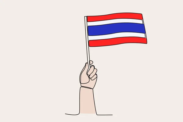 Ręka Podniosła Flagę Tajlandii Flaga Rysunek Jednowierszowy — Wektor stockowy