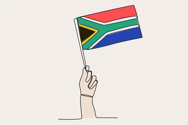 Eine Hand Hisste Die Südafrikanische Flagge Einzeiliges Fahnen Zeichnen — Stockvektor