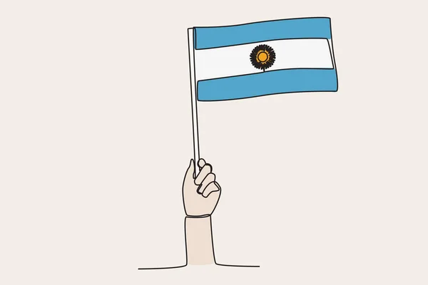 Egy Kéz Felemelte Argentin Zászlót Lobogó Szerinti Egyvonalas Rajz — Stock Vector