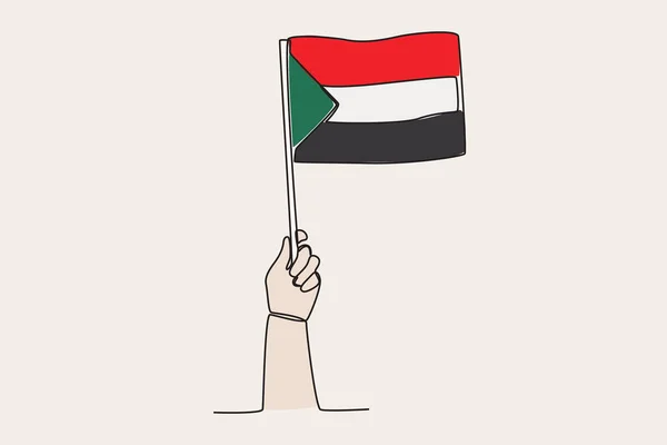 Eine Hand Hisste Die Sudan Flagge Einzeiliges Fahnen Zeichnen — Stockvektor