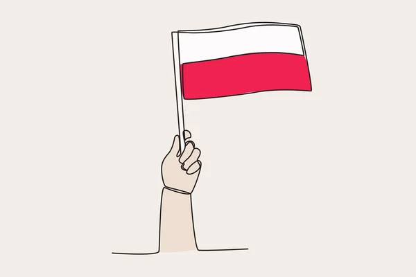 Een Hand Hief Poolse Vlag Vlag Met Één Lijn — Stockvector