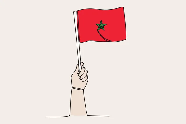 Eine Hand Hisste Die Marokkanische Flagge Einzeiliges Fahnen Zeichnen — Stockvektor