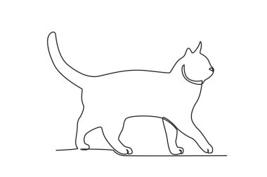 Şirin bir kedi yavaşça yürür. Uluslararası Kedi Günü tek satırlık çizim