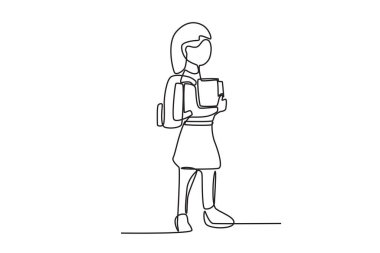 Okula giden öğrencilerin yan görüntüsü. Okula tek satırlık çizim