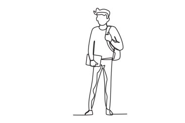 Bir öğrenci bir çanta taşıyor ve bir kitap tutuyor. Okula tek satırlık çizim