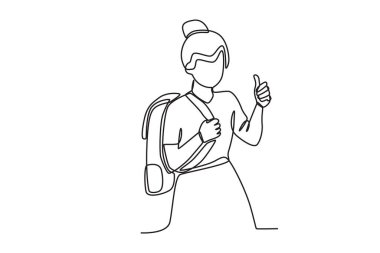 Bir kadın okula başparmak salladı. Okula tek satırlık çizim