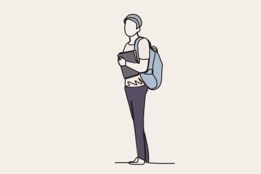 Elinde çanta ve kitap taşıyan bir öğrencinin renkli çizimi. Okula tek satırlık çizim