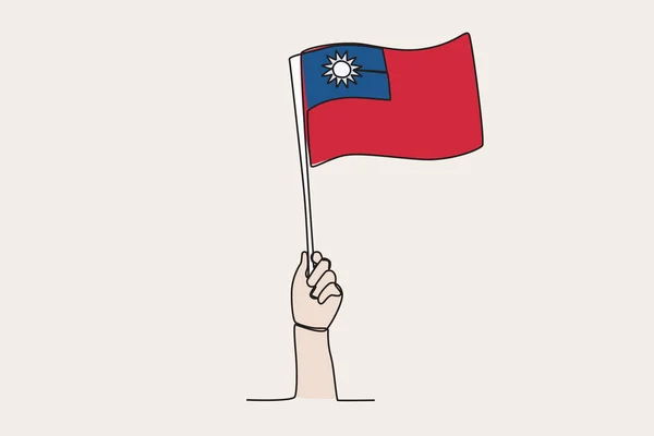 Uma Mão Levantou Bandeira Taiwan Bandeira Desenho Uma Linha — Vetor de Stock