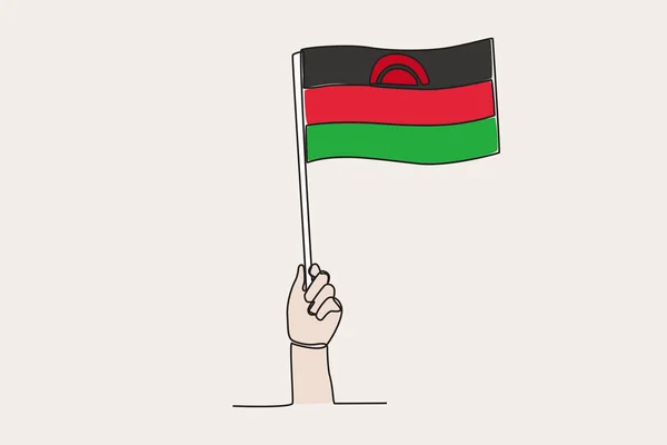 Eine Hand Hisste Die Flagge Malawis Einzeiliges Fahnen Zeichnen — Stockvektor
