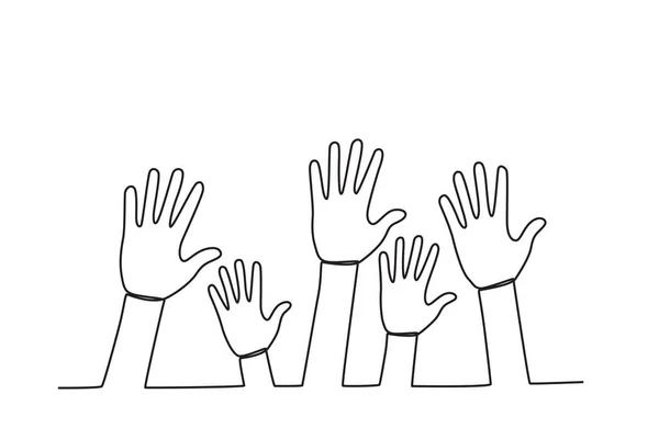 Human Hands Raised Upwards World Population Day One Line Drawing — Stock Vector