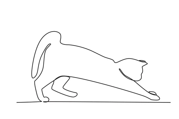 Kot Rozciąga Przednie Nogi Międzynarodowy Dzień Kota Jednoliniowy Rysunek — Wektor stockowy