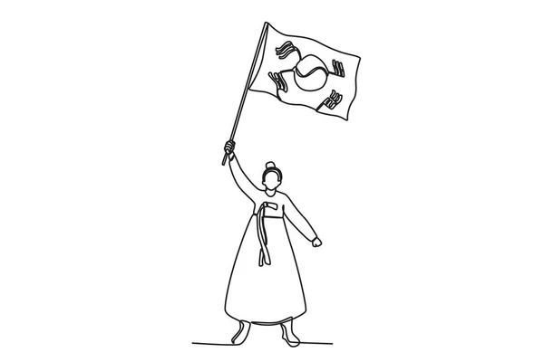 Kobieta Nosząca Hanbok Koreańską Flagą Narodowy Dzień Wyzwolenia Korei Jednoliniowy — Wektor stockowy