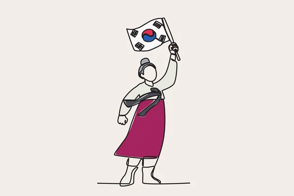 Illustration Couleur Une Femme Coréenne Tenant Drapeau Coréen Journée Nationale — Image vectorielle