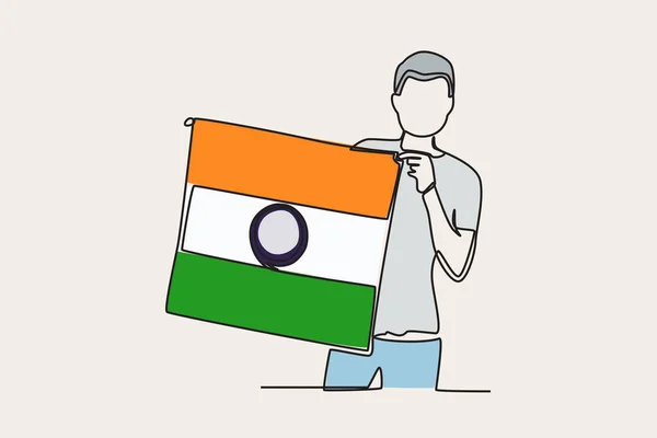 Színes Illusztráció Egy Férfi Kezében Egy Indiai Zászló India Függetlenségének — Stock Vector