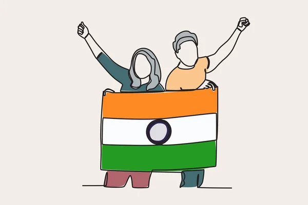 Färg Illustration Två Vänner Som Håller Indiska Flaggor Indiens Självständighet — Stock vektor