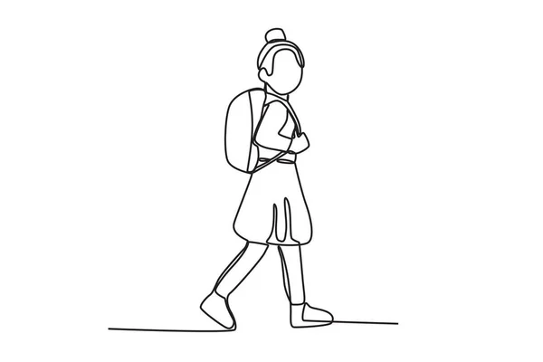 一个女孩回学校 回到学校的单线绘图 — 图库矢量图片