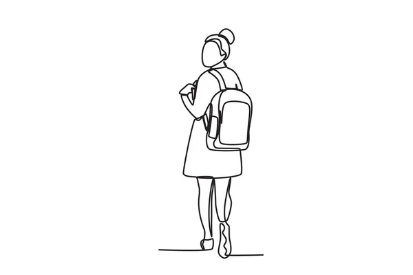 Back View Female Student Wearing Bag Back School One Line — Stock Vector